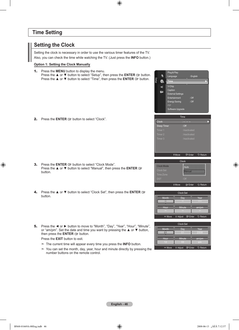 Time setting, Setting the clock | Samsung Digimax Cyber 630 User Manual | Page 48 / 107