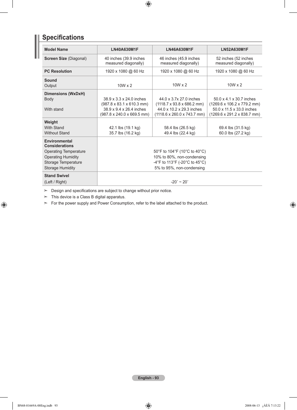 Specifications | Samsung Digimax Cyber 630 User Manual | Page 95 / 107