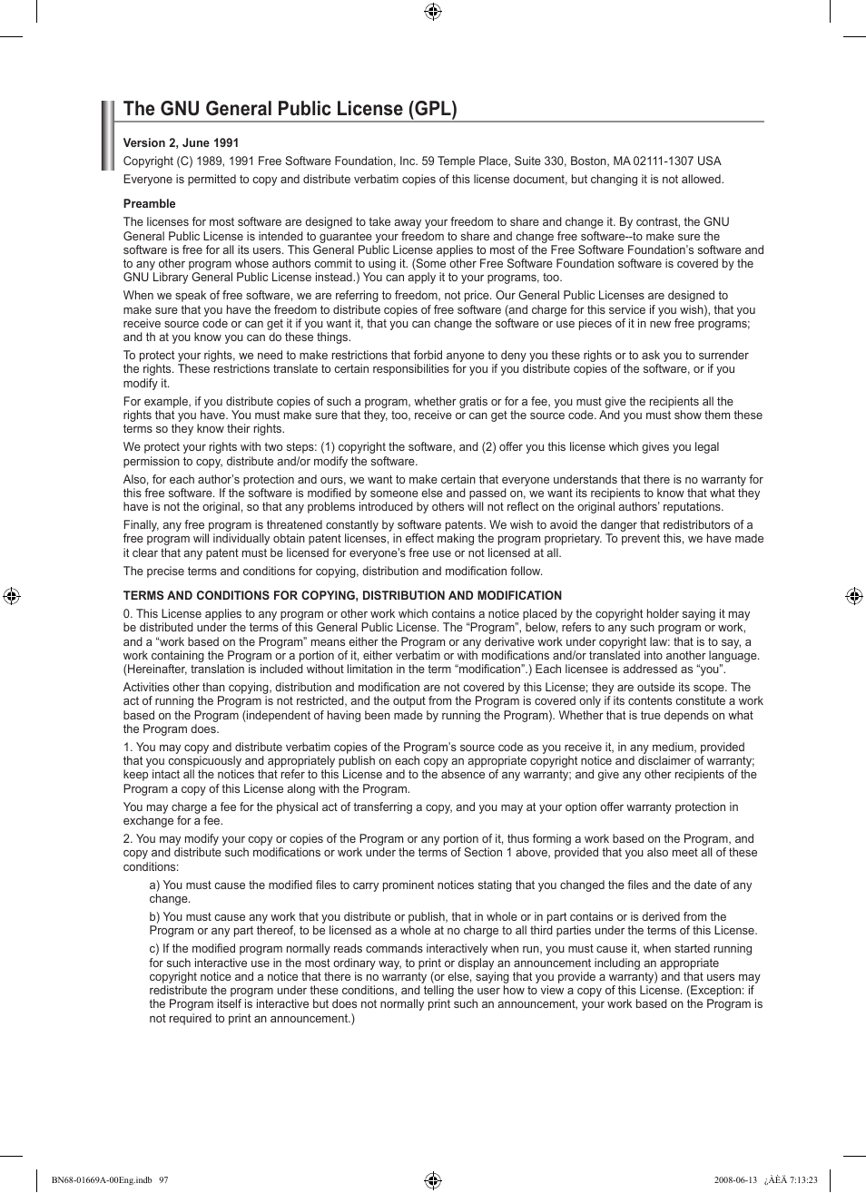 The gnu general public license (gpl) | Samsung Digimax Cyber 630 User Manual | Page 99 / 107