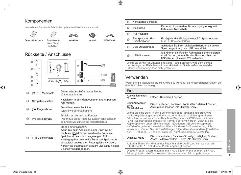 Deutsch, Komponenten, Rückseite / anschlüsse | Verwenden | Samsung SPF-71ES User Manual | Page 11 / 76