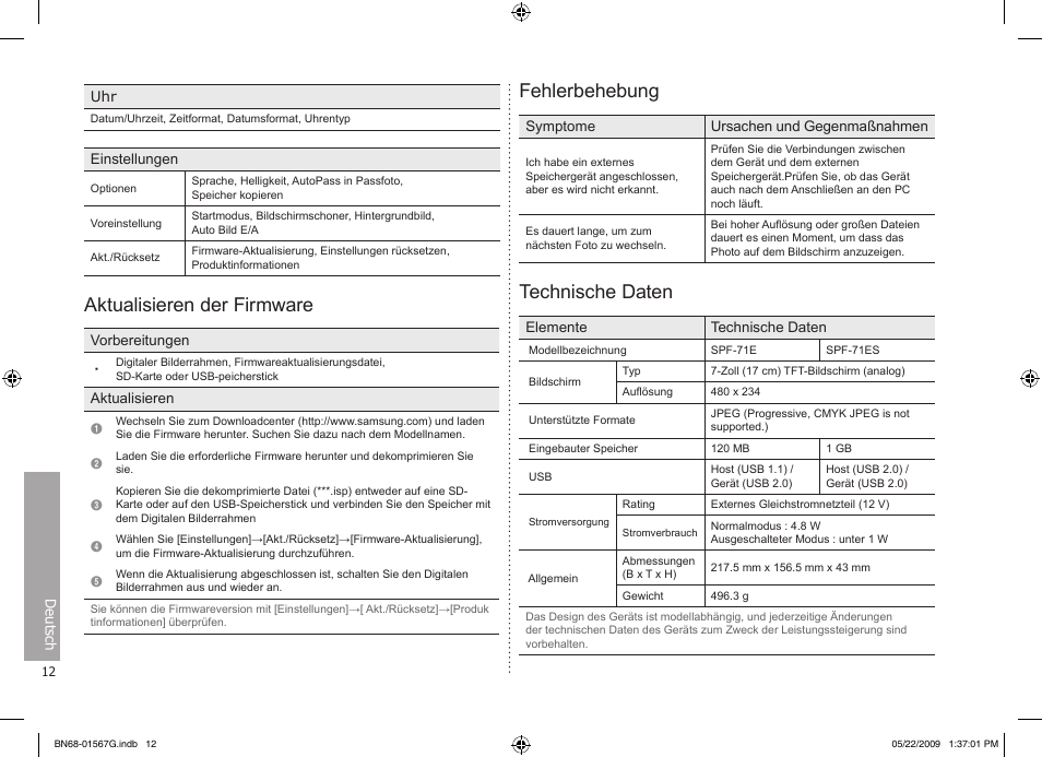 Aktualisieren der firmware, Fehlerbehebung, Technische daten | Samsung SPF-71ES User Manual | Page 12 / 76