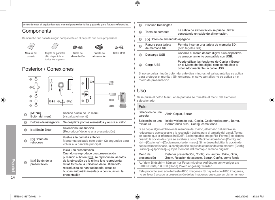 Español, Components, Posterior / conexiones | Samsung SPF-71ES User Manual | Page 14 / 76