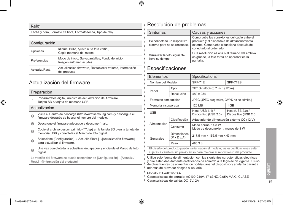 Actualización del firmware, Resolución de problemas, Especificaciones | Samsung SPF-71ES User Manual | Page 15 / 76