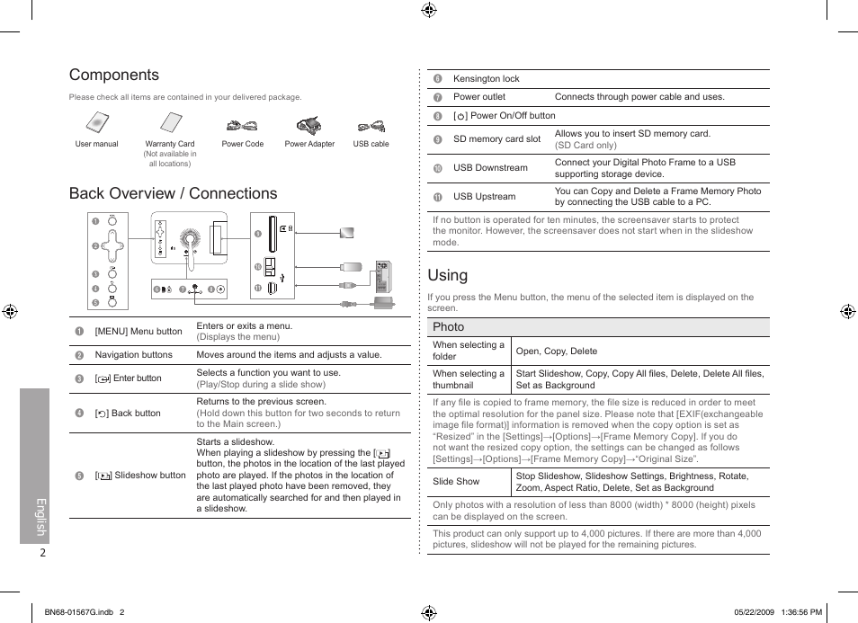 English, Components, Back overview / connections | Using | Samsung SPF-71ES User Manual | Page 2 / 76