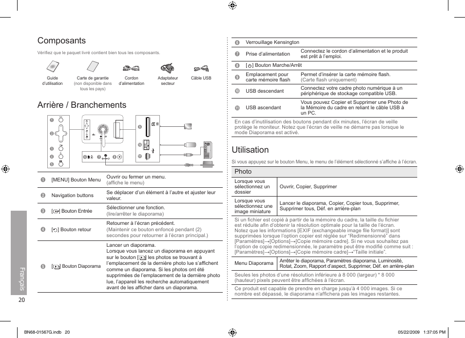 Français, Composants, Arrière / branchements | Utilisation | Samsung SPF-71ES User Manual | Page 20 / 76