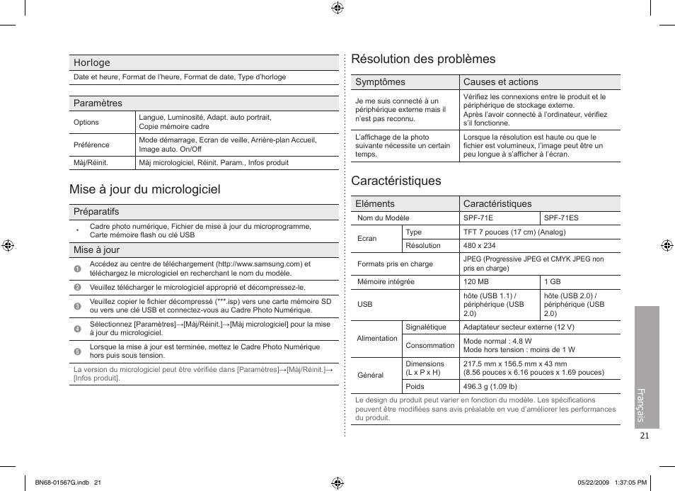 Mise à jour du micrologiciel, Résolution des problèmes, Caractéristiques | Samsung SPF-71ES User Manual | Page 21 / 76