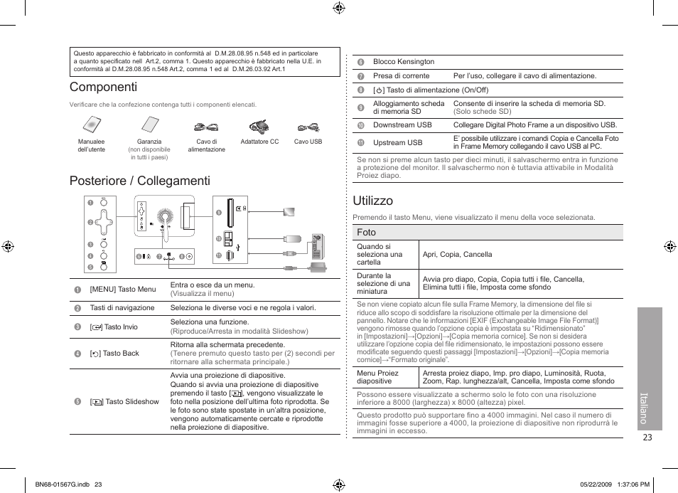 Italiano, Componenti, Posteriore / collegamenti | Utilizzo | Samsung SPF-71ES User Manual | Page 23 / 76