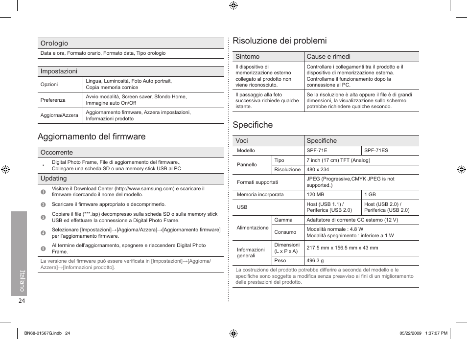 Aggiornamento del firmware, Risoluzione dei problemi, Specifiche | Samsung SPF-71ES User Manual | Page 24 / 76