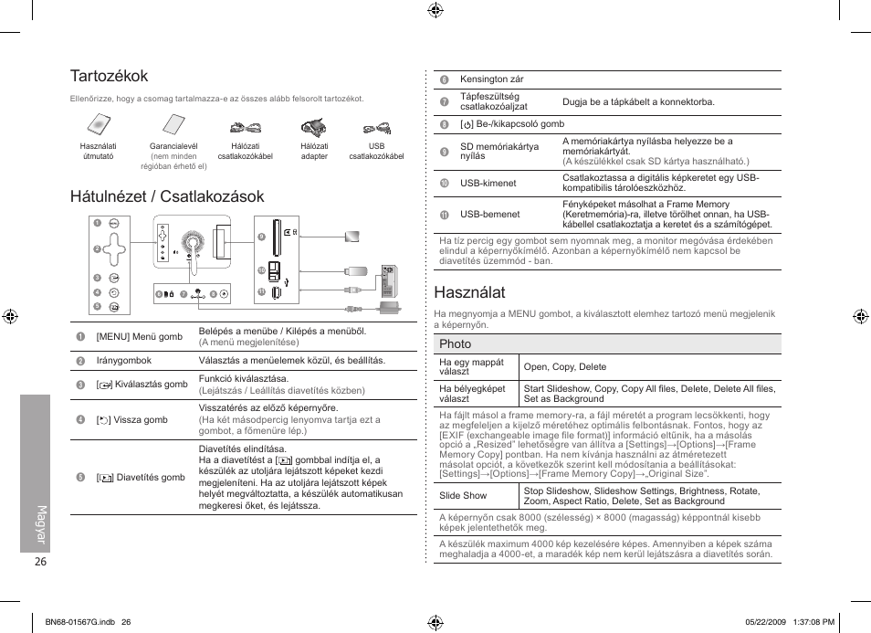 Magyar, Tartozékok, Hátulnézet / csatlakozások | Használat | Samsung SPF-71ES User Manual | Page 26 / 76