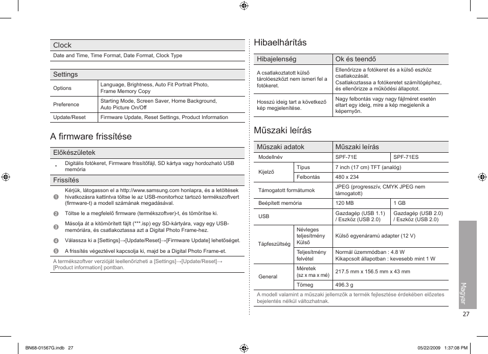 A firmware frissítése, Hibaelhárítás, Műszaki leírás | Samsung SPF-71ES User Manual | Page 27 / 76