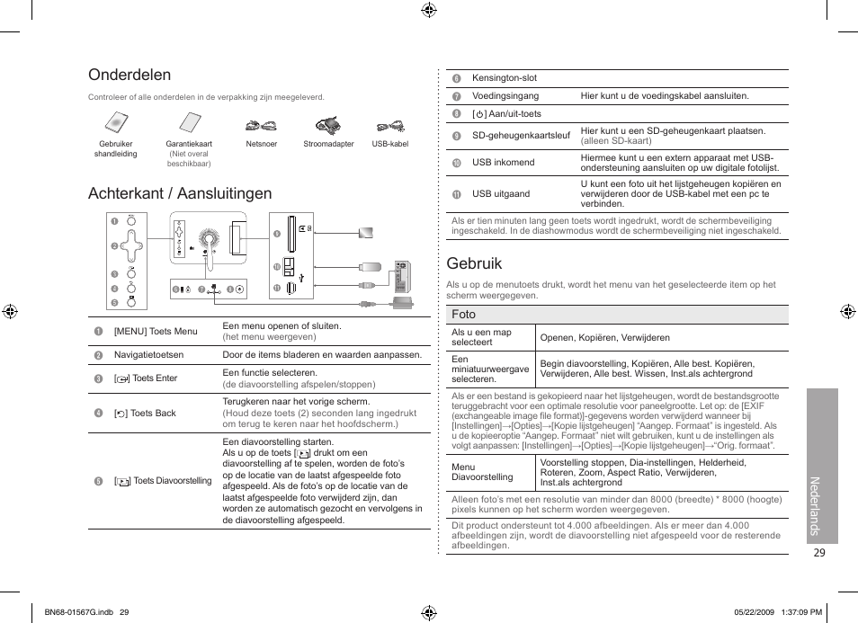 Nederlands, Onderdelen, Achterkant / aansluitingen | Gebruik | Samsung SPF-71ES User Manual | Page 29 / 76