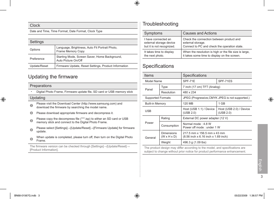 Updating the firmware, Troubleshooting, Specifications | Samsung SPF-71ES User Manual | Page 3 / 76