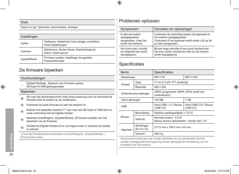 De firmware bijwerken, Problemen oplossen, Specificaties | Samsung SPF-71ES User Manual | Page 30 / 76