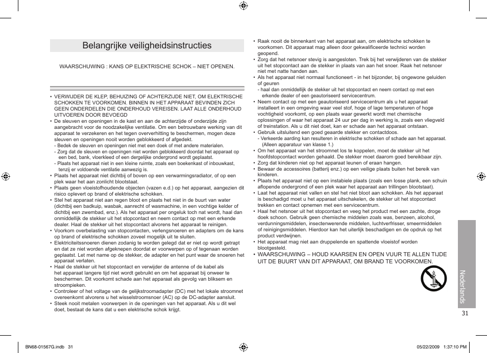 Belangrijke veiligheidsinstructies, Nederlands | Samsung SPF-71ES User Manual | Page 31 / 76