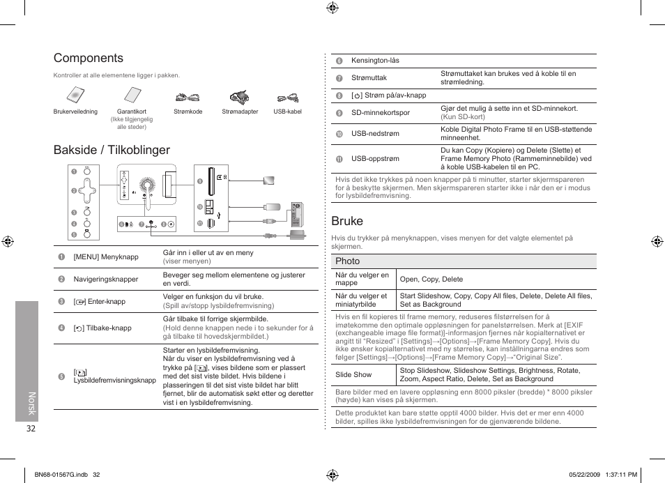 Norsk, Components, Bakside / tilkoblinger | Bruke | Samsung SPF-71ES User Manual | Page 32 / 76