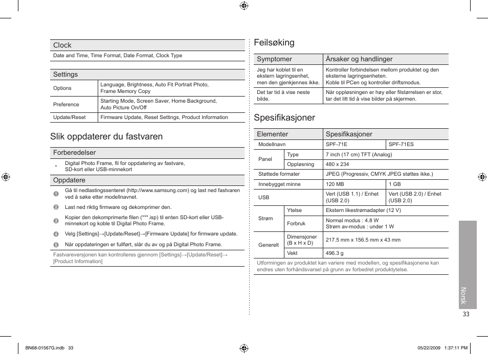 Slik oppdaterer du fastvaren, Feilsøking, Spesifikasjoner | Samsung SPF-71ES User Manual | Page 33 / 76