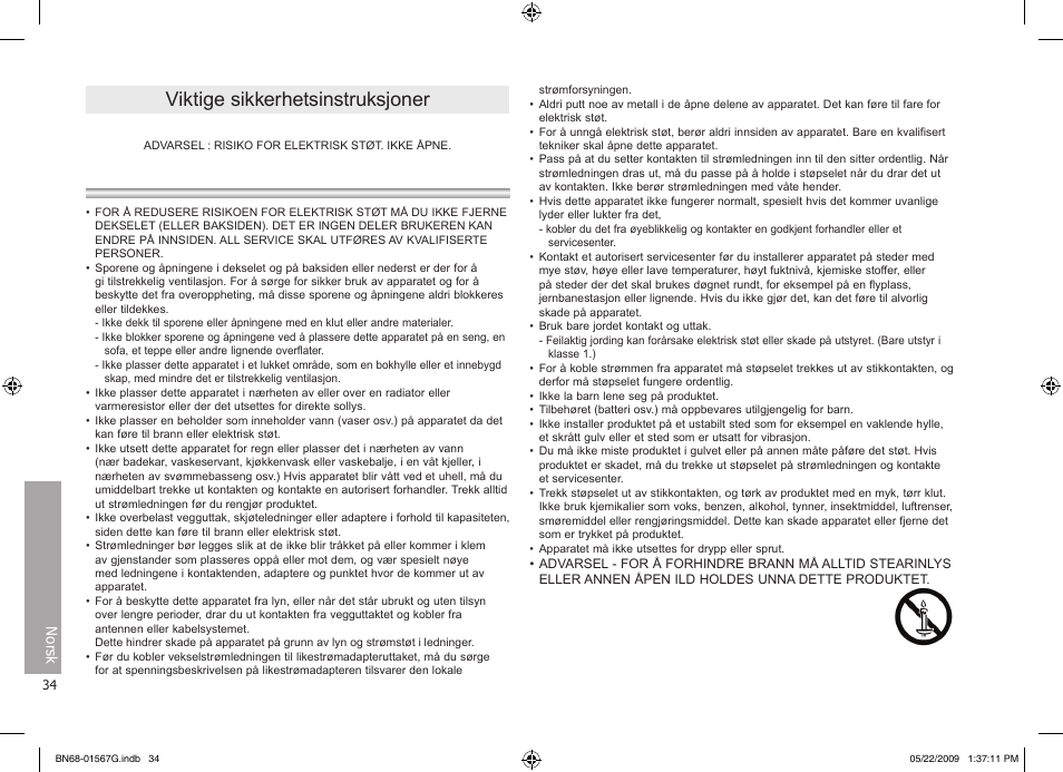 Viktige sikkerhetsinstruksjoner | Samsung SPF-71ES User Manual | Page 34 / 76