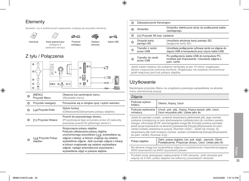 Polski, Elementy, Z tyłu / połączenia | Użytkowanie | Samsung SPF-71ES User Manual | Page 35 / 76