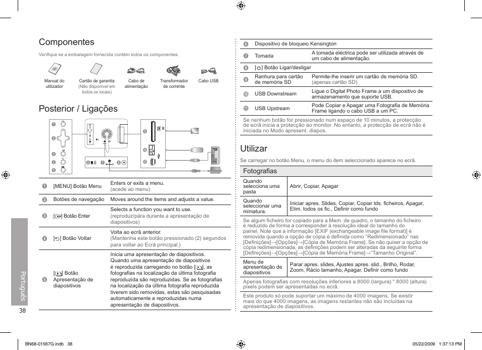 Português, Componentes, Posterior / ligações | Utilizar | Samsung SPF-71ES User Manual | Page 38 / 76