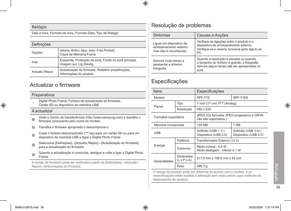 Actualizar o firmware, Resolução de problemas, Especificações | Samsung SPF-71ES User Manual | Page 39 / 76