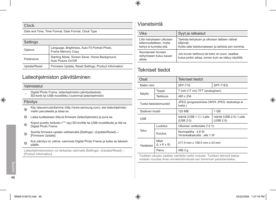 Laiteohjelmiston päivittäminen, Vianetsintä, Tekniset tiedot | Samsung SPF-71ES User Manual | Page 48 / 76