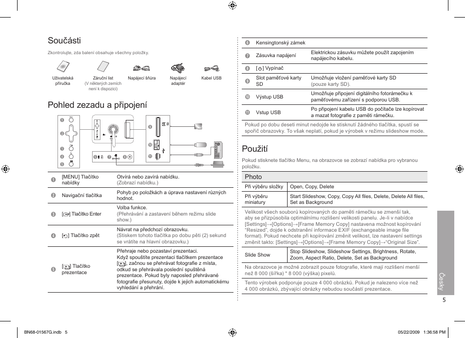 Česky, Součásti, Pohled zezadu a připojení | Použití | Samsung SPF-71ES User Manual | Page 5 / 76