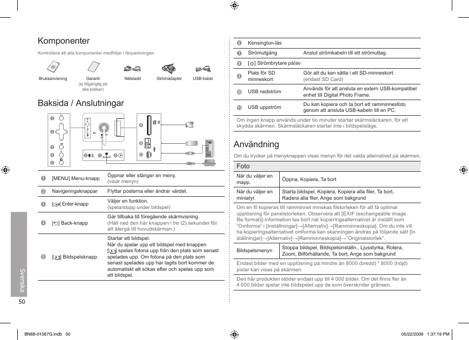Svenska, Komponenter, Baksida / anslutningar | Användning | Samsung SPF-71ES User Manual | Page 50 / 76