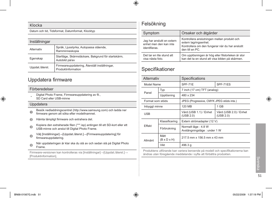 Uppdatera firmware, Felsökning, Specifikationer | Samsung SPF-71ES User Manual | Page 51 / 76
