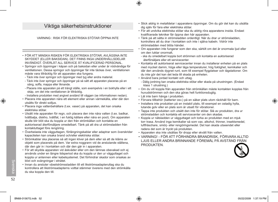 Viktiga säkerhetsinstruktioner | Samsung SPF-71ES User Manual | Page 52 / 76