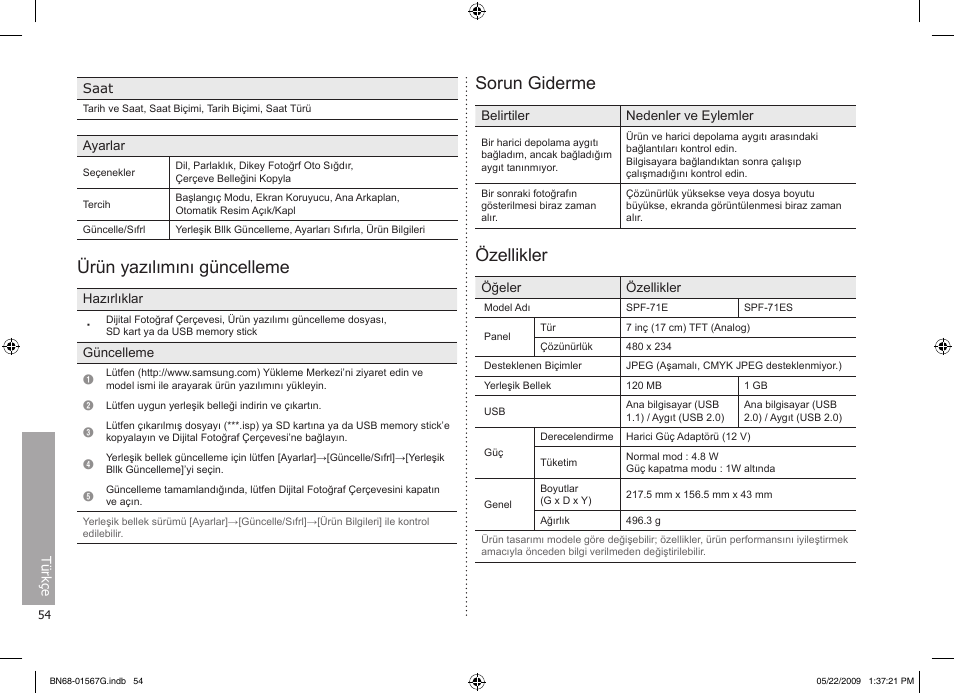 Ürün yazılımını güncelleme, Sorun giderme, Özellikler | Samsung SPF-71ES User Manual | Page 54 / 76