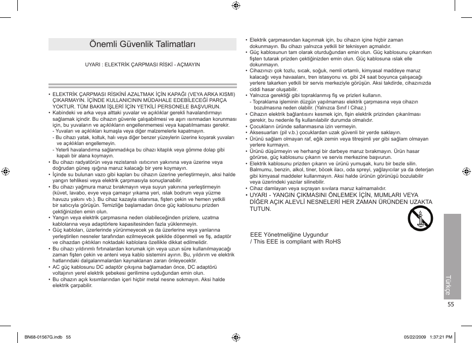 Önemli güvenlik talimatları | Samsung SPF-71ES User Manual | Page 55 / 76