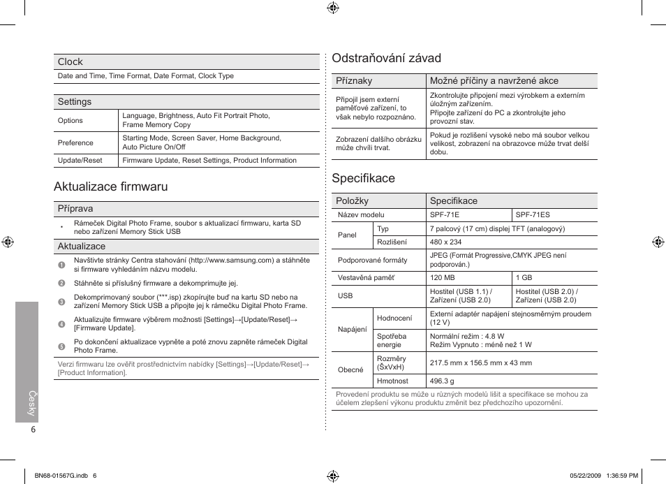Aktualizace firmwaru, Odstraňování závad, Specifikace | Samsung SPF-71ES User Manual | Page 6 / 76