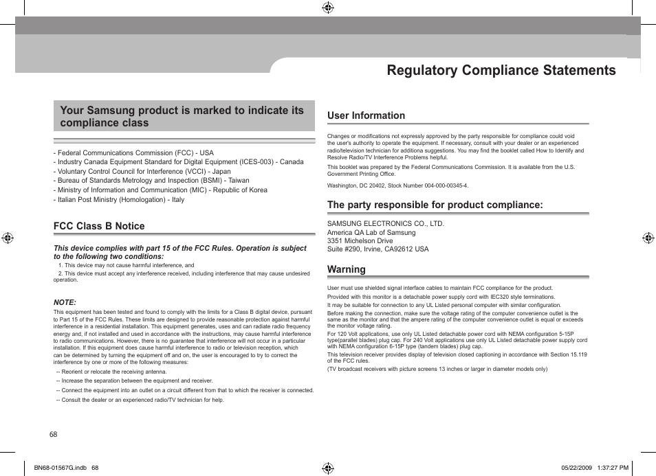 Regulatory compliance statements, Fcc class b notice, User information | The party responsible for product compliance, Warning | Samsung SPF-71ES User Manual | Page 68 / 76