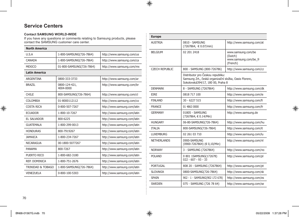Service centers | Samsung SPF-71ES User Manual | Page 70 / 76