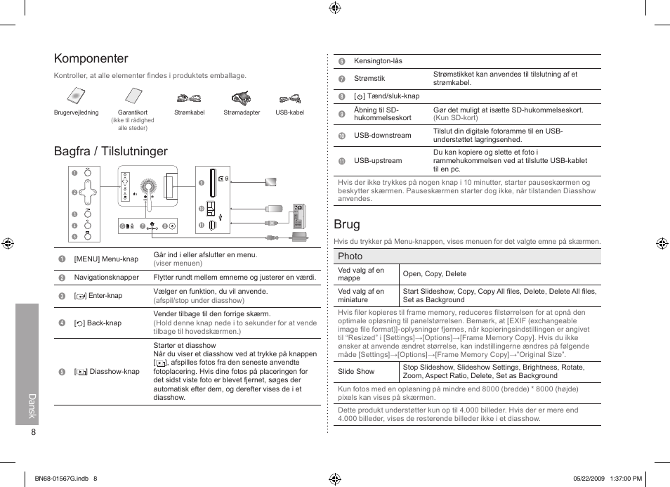 Dansk, Komponenter, Bagfra / tilslutninger | Brug | Samsung SPF-71ES User Manual | Page 8 / 76