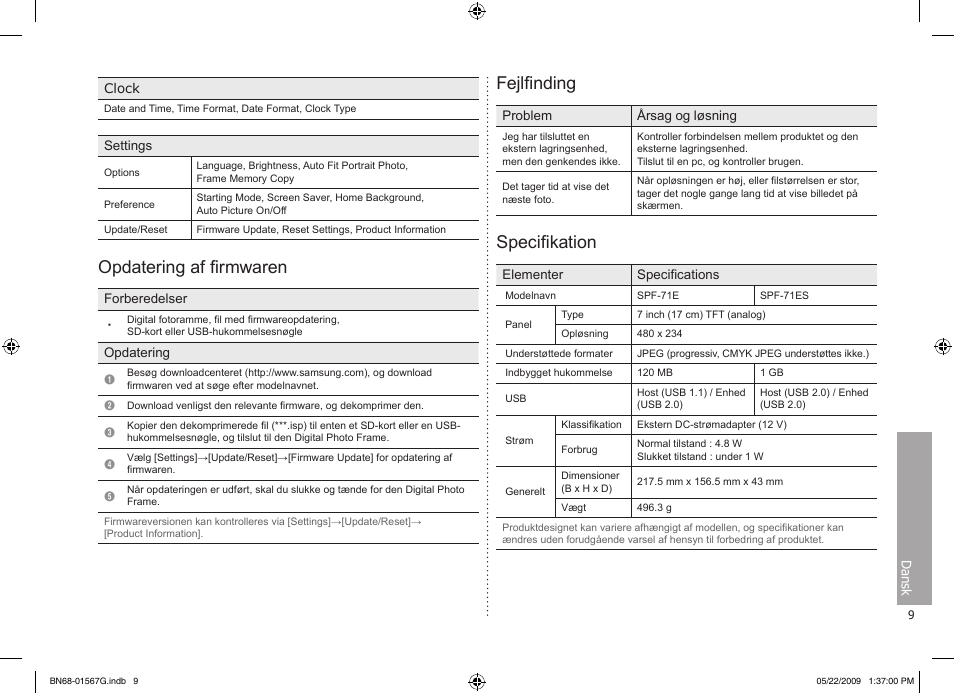 Opdatering af firmwaren, Fejlfinding, Specifikation | Samsung SPF-71ES User Manual | Page 9 / 76