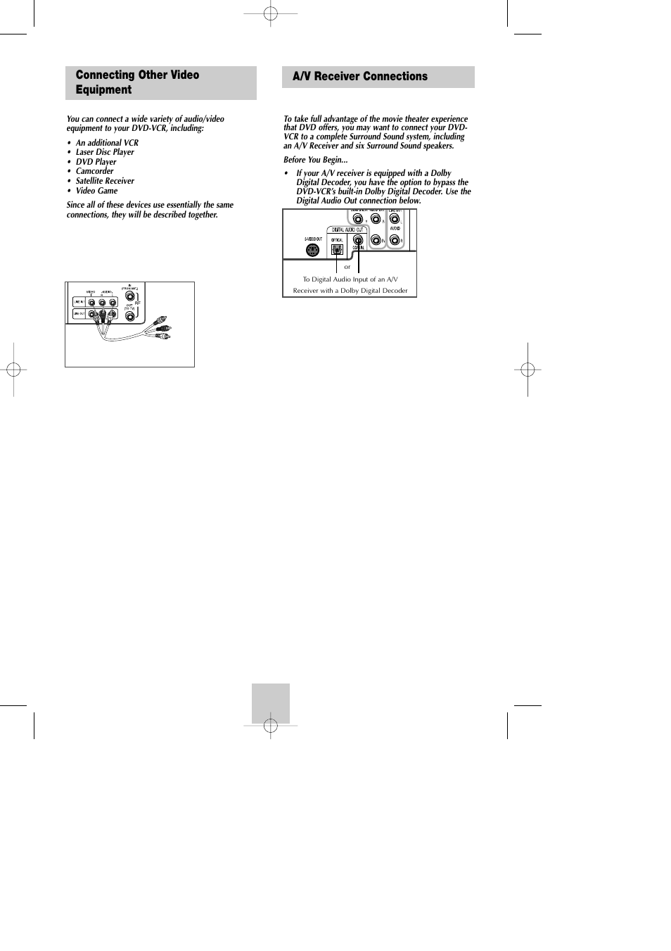 Connecting other video equipment, Dvd sound setup, A/v receiver connections | Samsung DVD-V4800 User Manual | Page 11 / 41