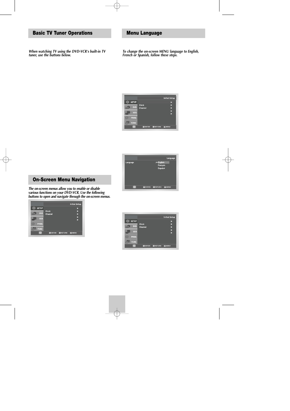 Basic tv tuner operations, System setup, On-screen menu navigation | Menu language | Samsung DVD-V4800 User Manual | Page 13 / 41