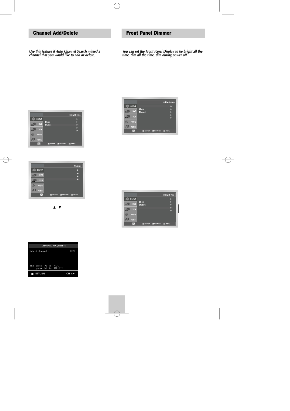 Channel add/delete, Front panel dimmer | Samsung DVD-V4800 User Manual | Page 16 / 41