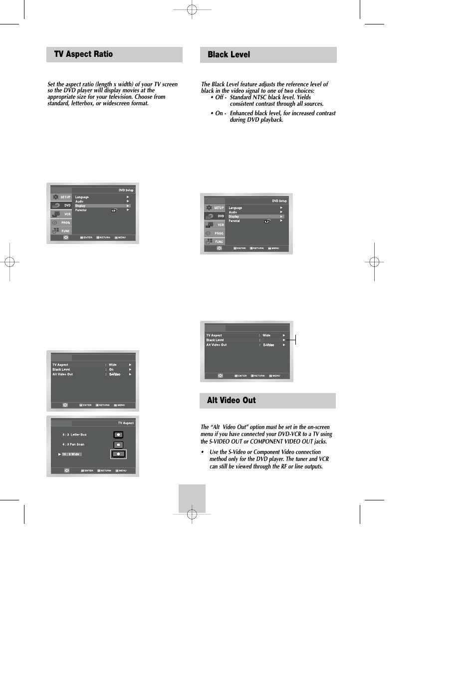 Tv aspect ratio, Black level, Alt video out black level | Samsung DVD-V4800 User Manual | Page 21 / 41