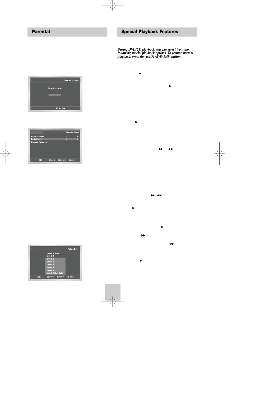 Dvd operations, Special playback features, Parental | Samsung DVD-V4800 User Manual | Page 23 / 41