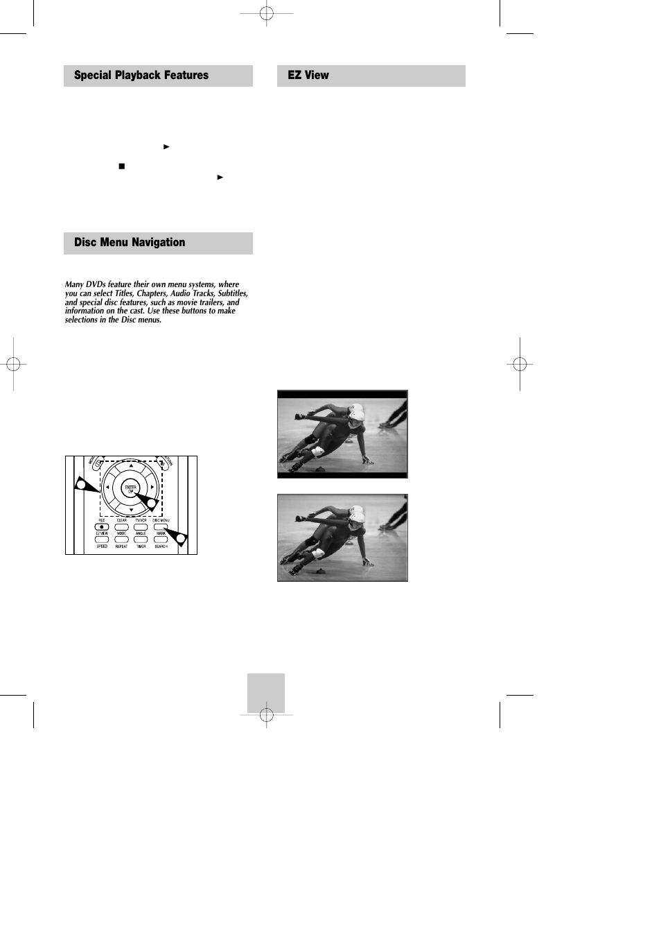 Disc menu navigation, Ez view, Special playback features ez view | Samsung DVD-V4800 User Manual | Page 24 / 41