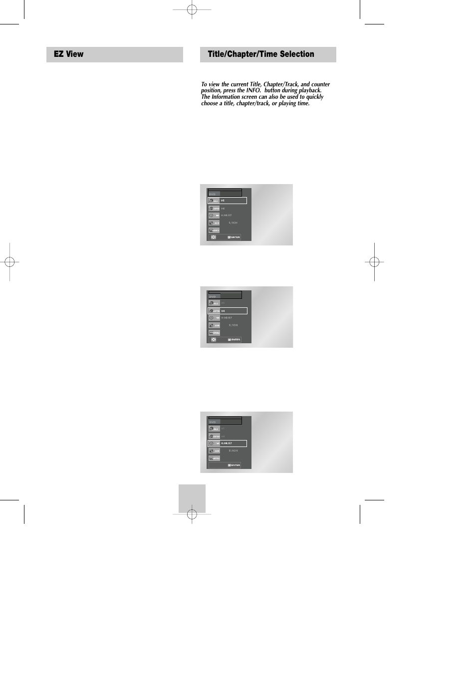 Title/chapter/time selection, Ez view | Samsung DVD-V4800 User Manual | Page 25 / 41