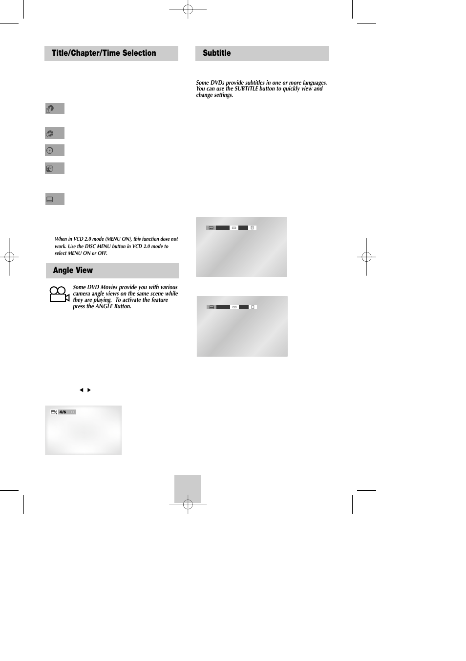 Angle view, Subtitle, Title/chapter/time selection subtitle | Samsung DVD-V4800 User Manual | Page 26 / 41
