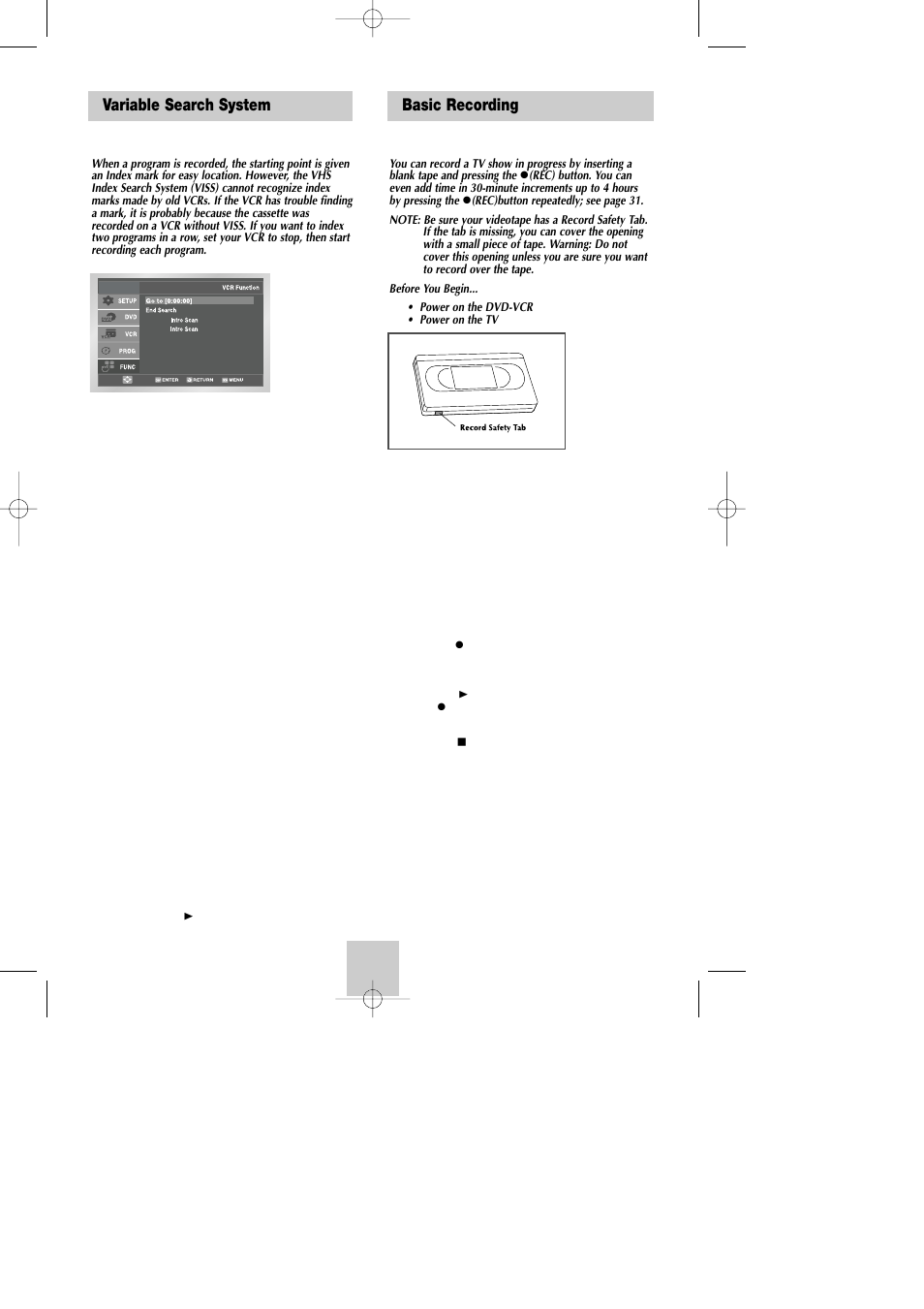 Variable search system, Vcr recording, Basic recording | Samsung DVD-V4800 User Manual | Page 31 / 41