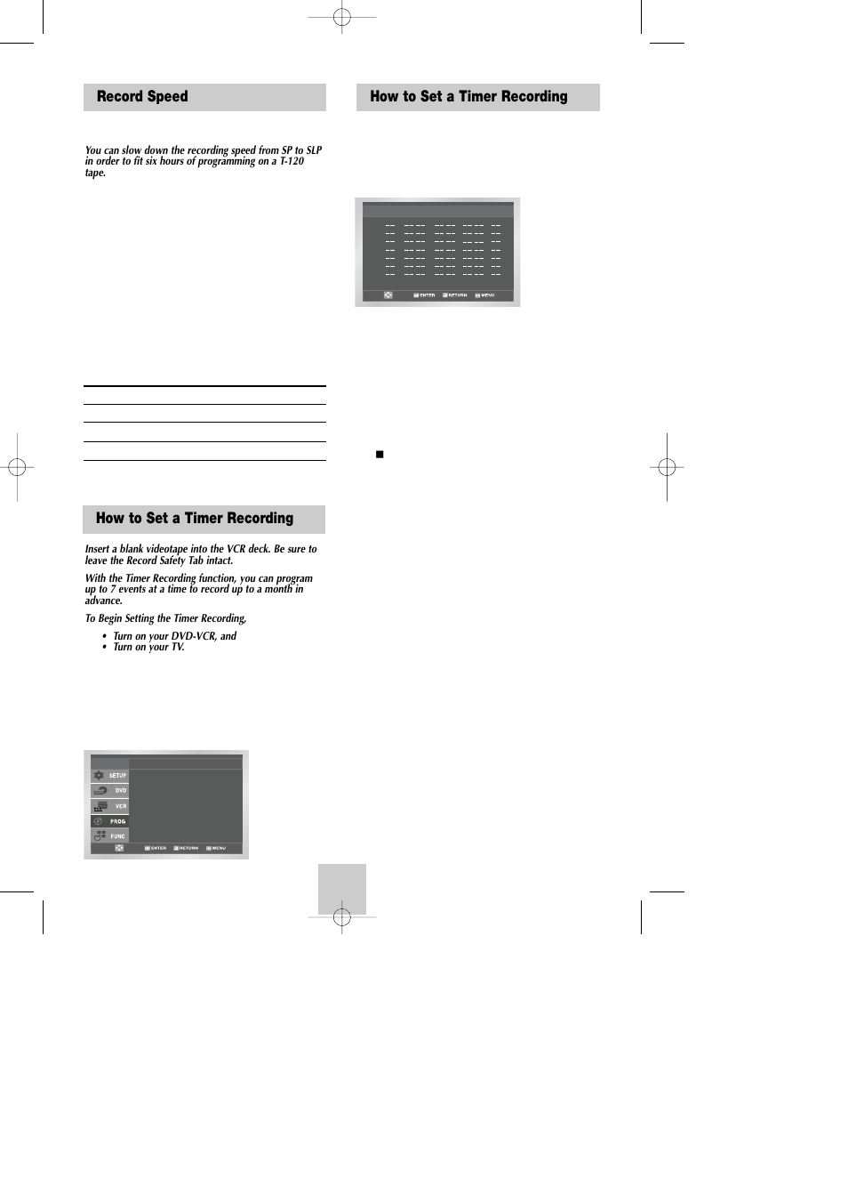 Record speed, Timer recording, How to set a timer recording | Samsung DVD-V4800 User Manual | Page 33 / 41