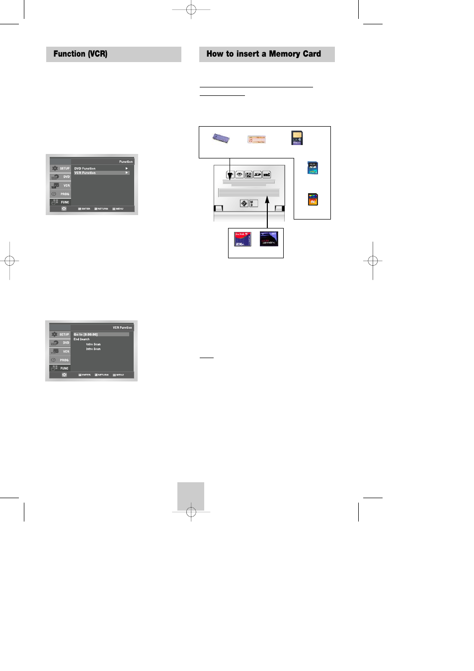 Function (vcr), Advanced functions, How to insert a memory card | Samsung DVD-V4800 User Manual | Page 34 / 41