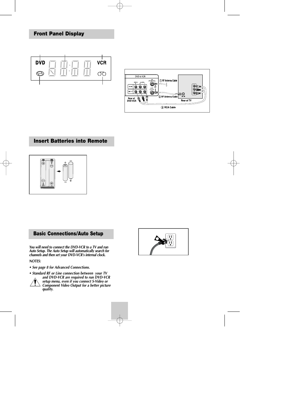 Front panel display, Insert batteries into remote, Getting started | Basic connections/auto setup, Insert batteries into remote front panel display | Samsung DVD-V4800 User Manual | Page 8 / 41