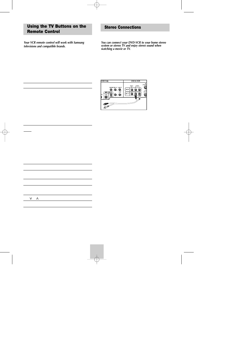 Advanced connections, Using the tv buttons on the remote control, Stereo connections | Samsung DVD-V4800 User Manual | Page 9 / 41