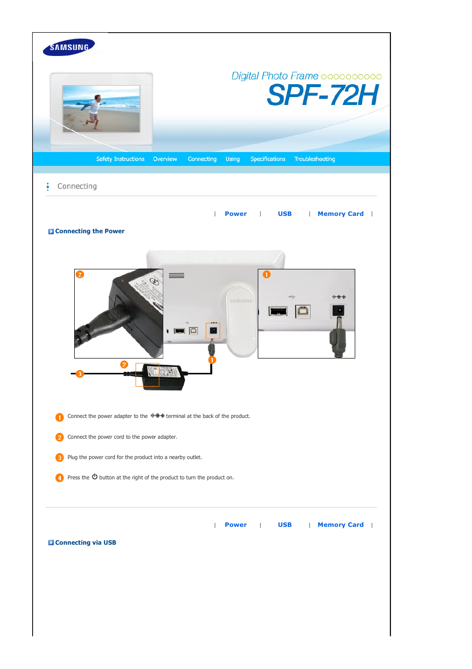 Connecting, Connecting the power | Samsung SPF-72H User Manual | Page 11 / 24